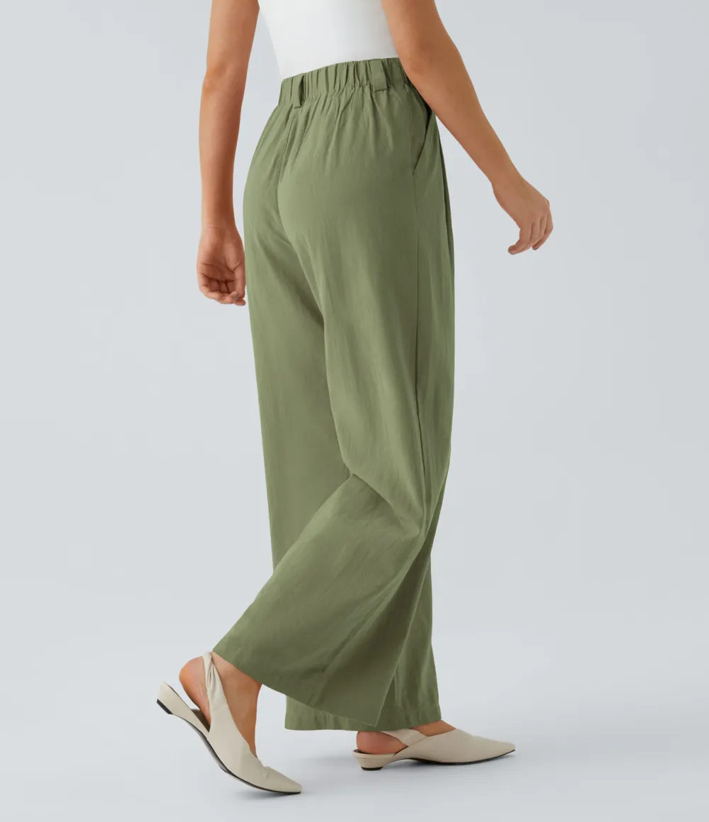 High Waisted Plicated Side Pocket Wide Leg Flowy Solid Palazzo Casual Linen-Feel Pants