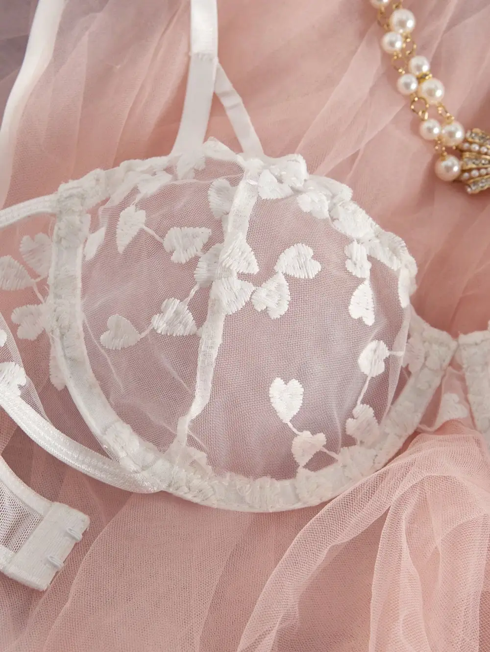 Heart Embroidered Sheer Bralette And Thong Set