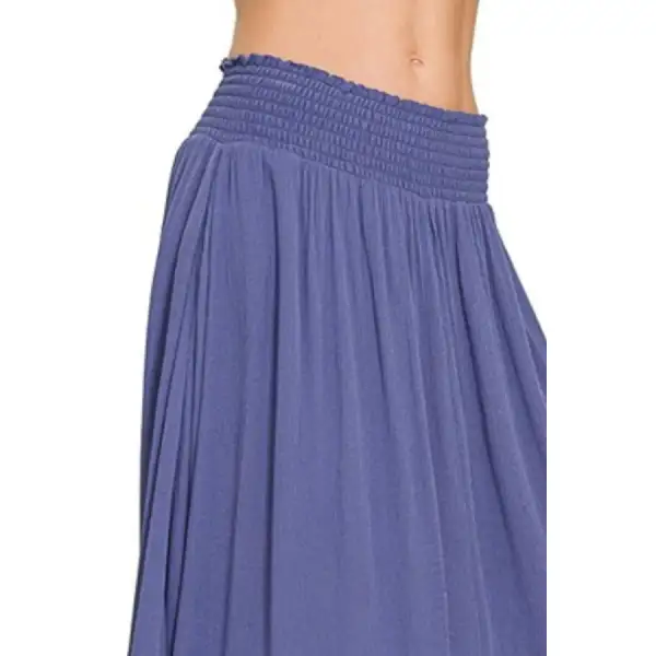 Classic Woven Crinkle Smocked Waist Maxi Skirt W Pockets
