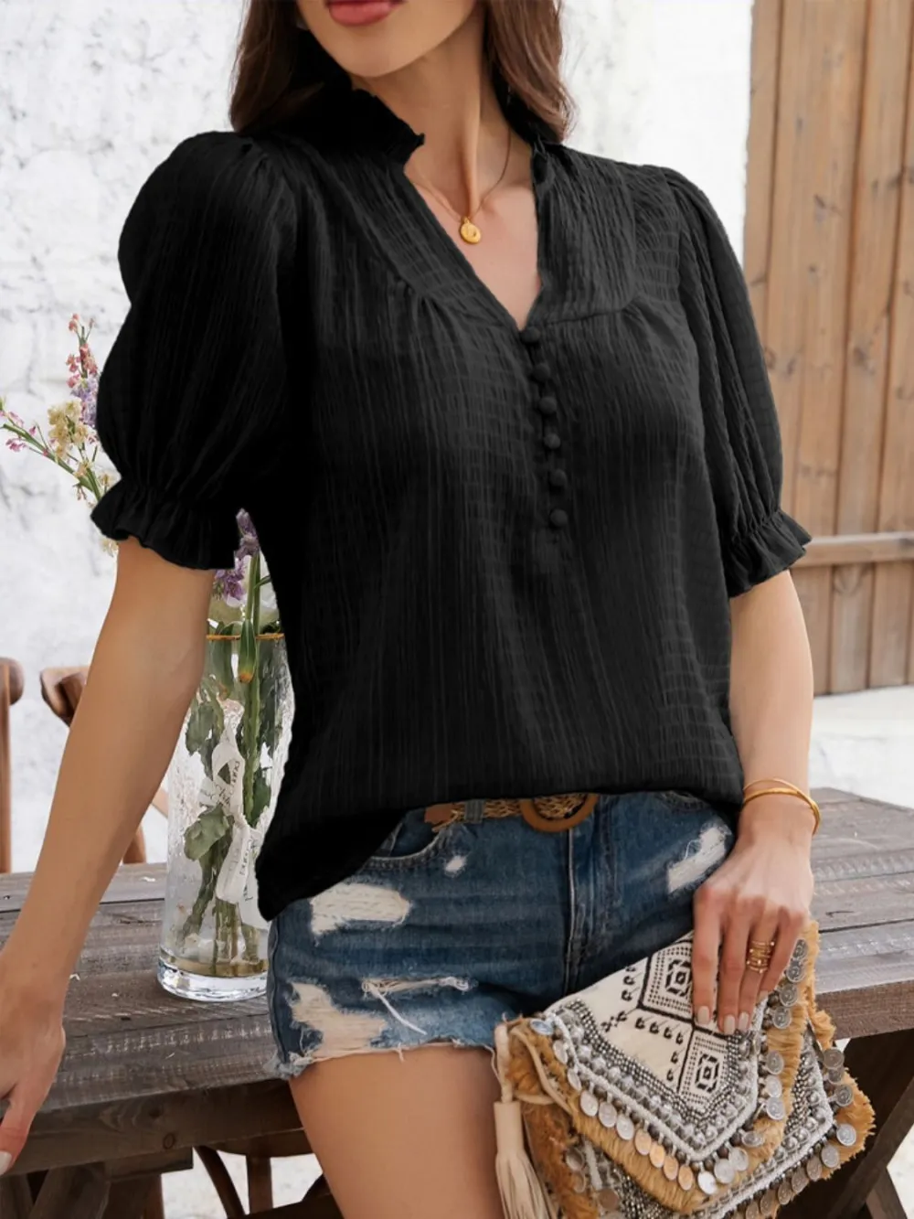 Notched-Neck Short-Sleeve Sheer Buttoned Blouse