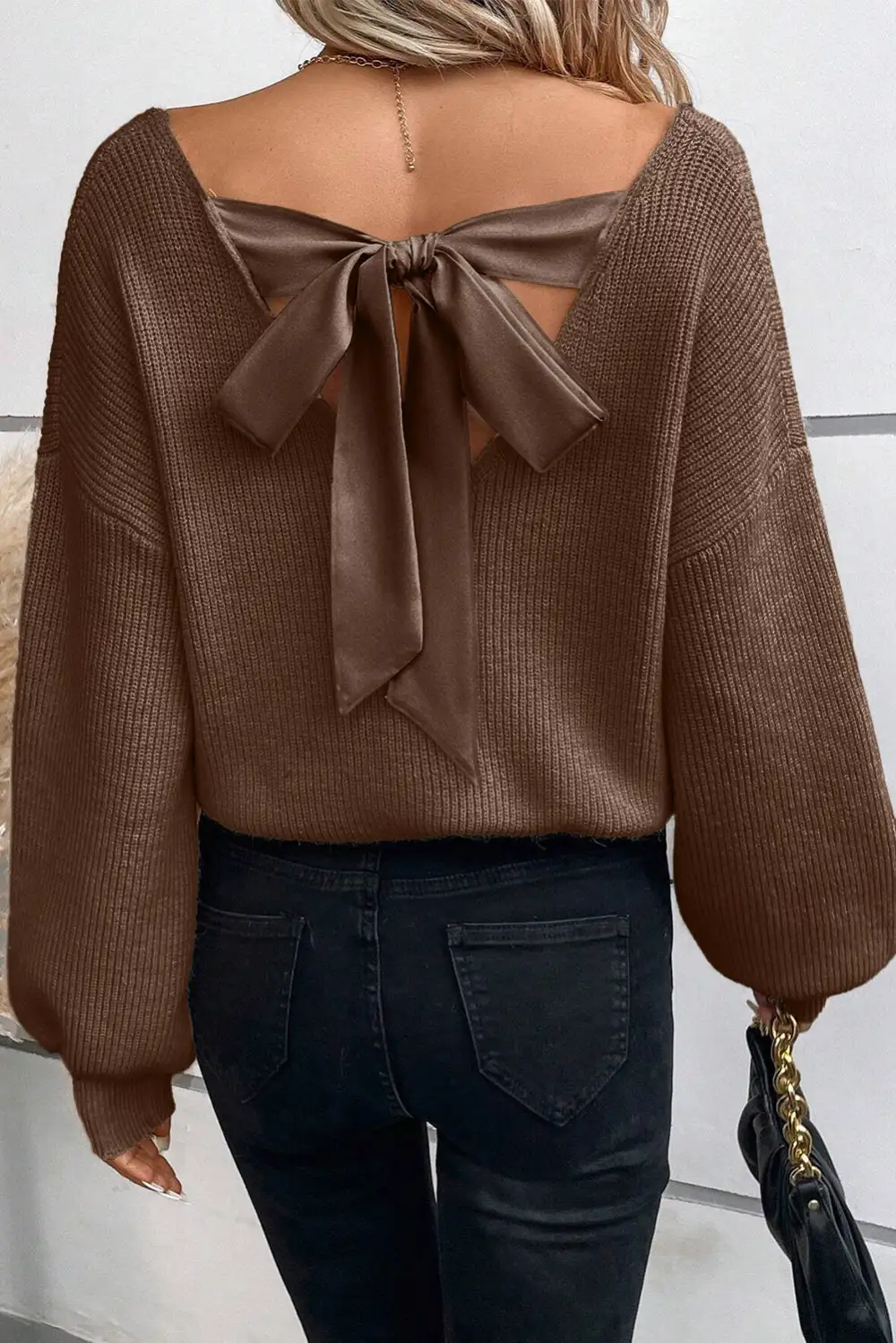 Lantern Sleeve V Neck Knot Detail Sweater