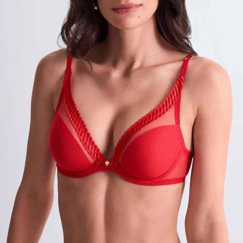 Women's Underwire Spacer Molded Embroidery Mesh Triangle Sheer Detail Deep Neckline Bra