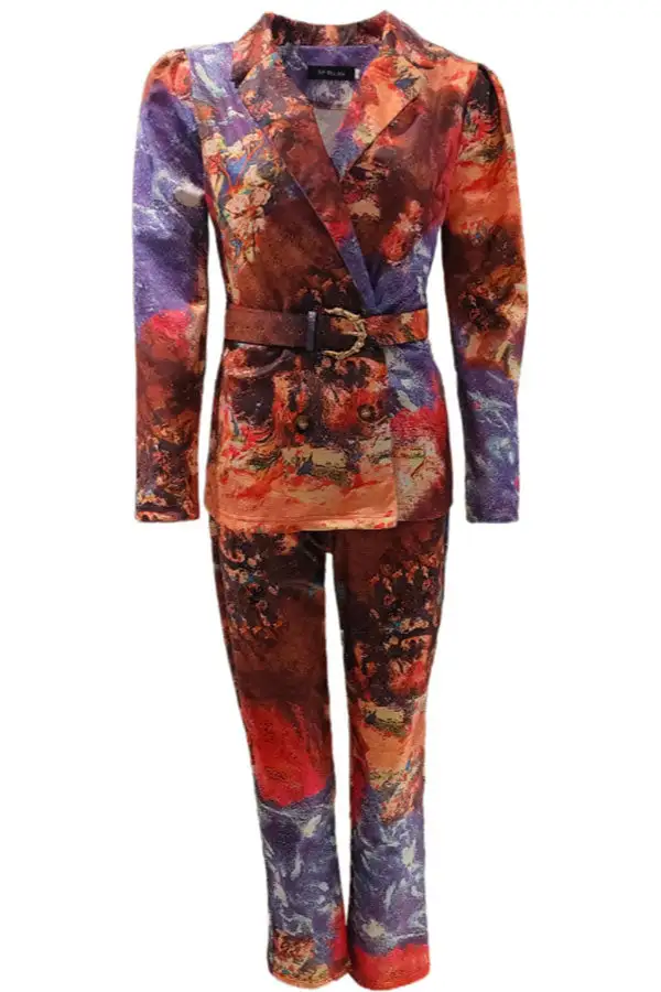Belted Notched Lapel Long Sleeve Pant Set