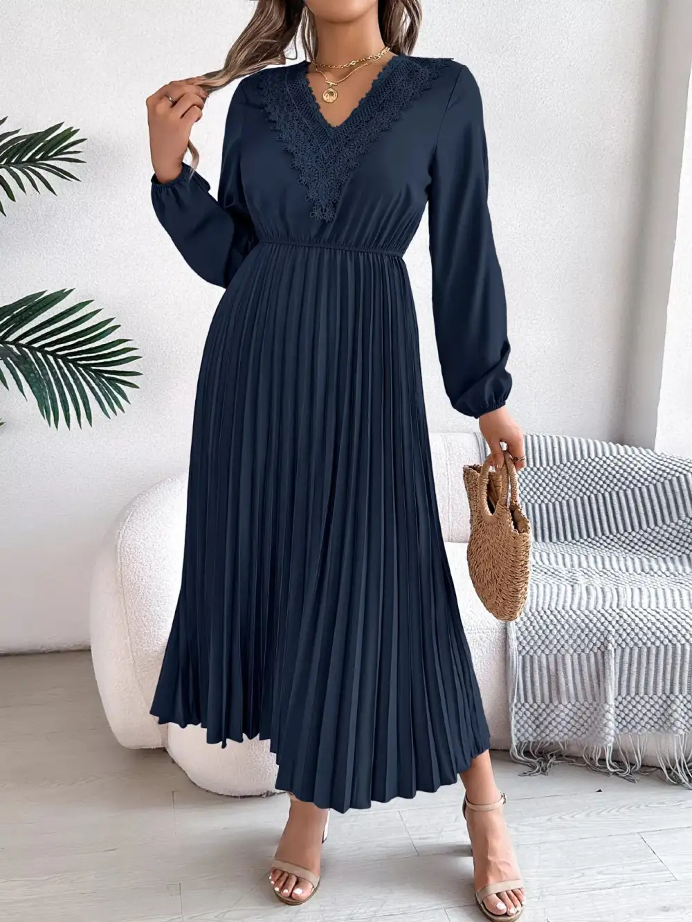 Lace V Neck Pleated Dress Casual