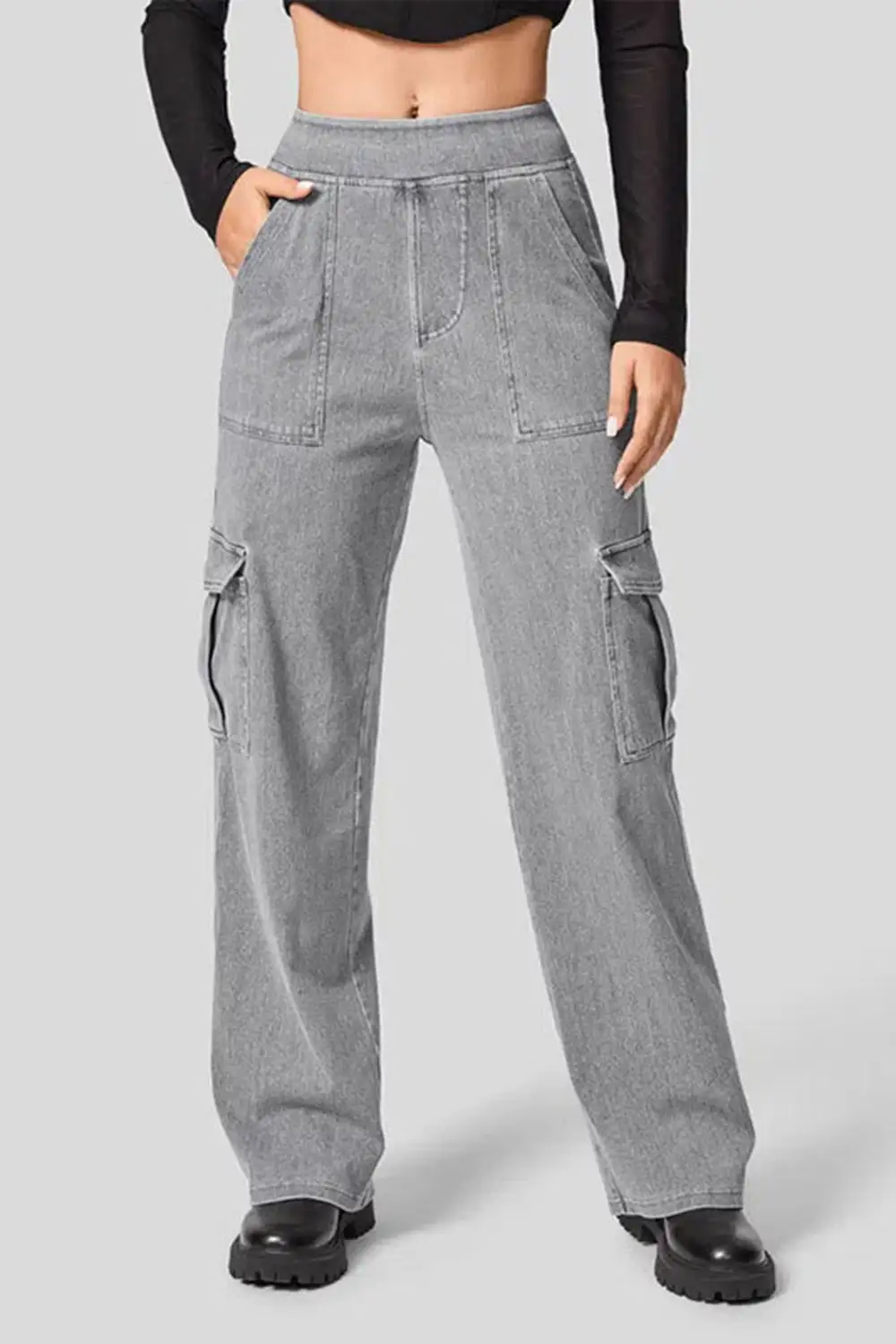 Refined High-Waist Washed Pocketed Stretch Straight Leg Jeans