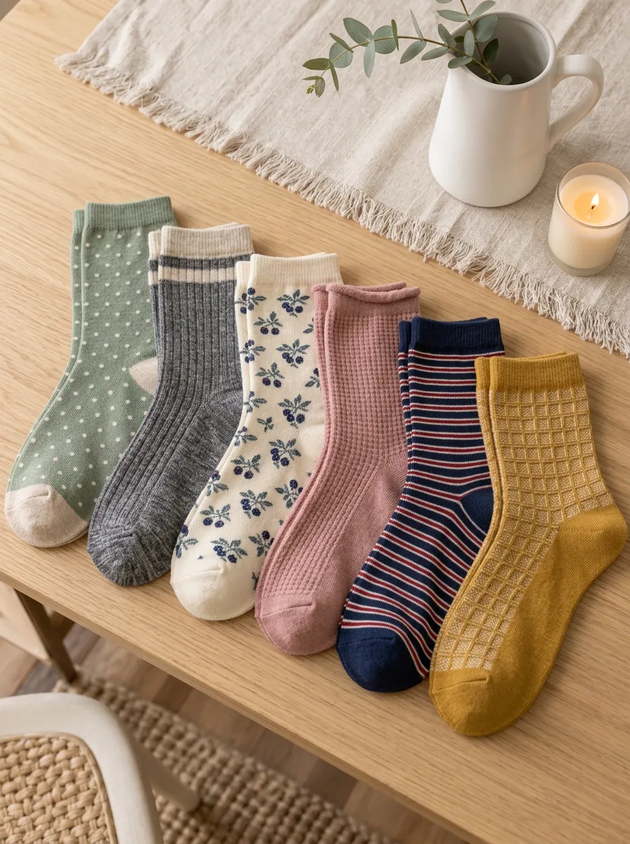 Women's Vintage Style Floral Polka Dot Striped Printed Socks Set