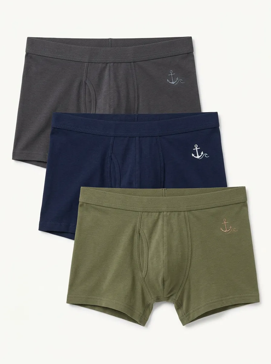 Men's Three-Pair Anchor Wave Embroidered Boxer Brief Set