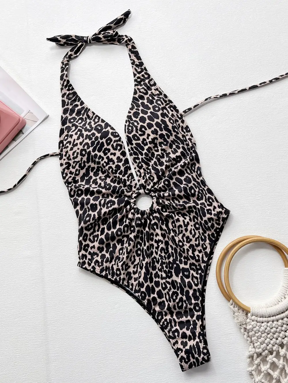 Leopard Halter Neck Ring Detail One Swimsuit