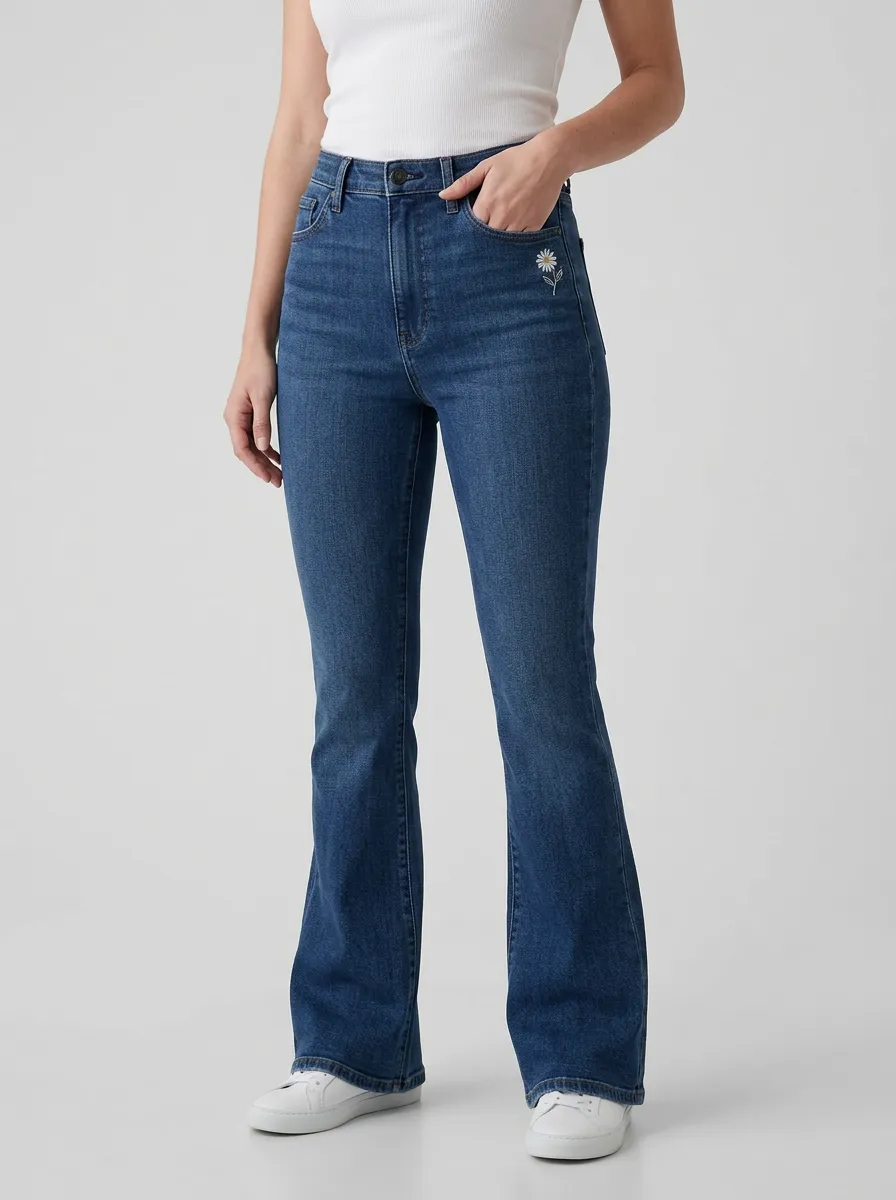 Women's Daisy Pocket Embroidered Whiskered High-Rise Flare Jeans