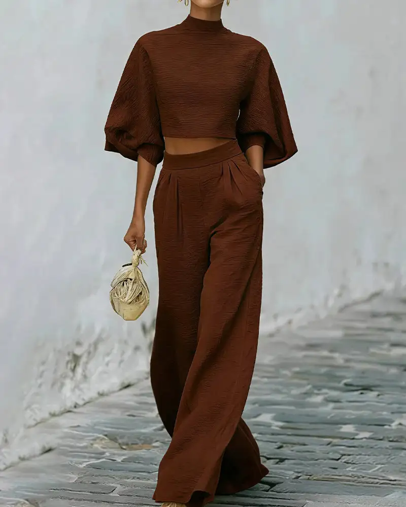 Textured Two-Piece Set Puff Sleeve Crop Top and Wide Leg Pants
