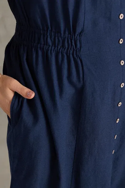 Navy Blue Linen Shirred Waist Midi Dress