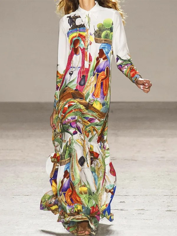 Loose Printed Long Shirt Maxi Dress