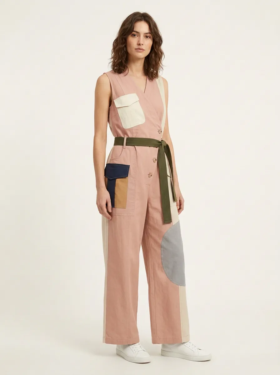 Women's Sierra Utility Patchwork Colorblock Belted Jumpsuit