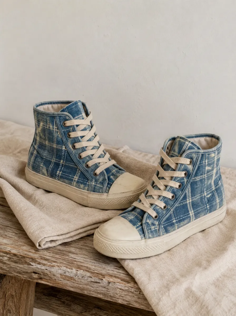 Women's Vintage Plaid Denim Printed High Top Canvas Shoes