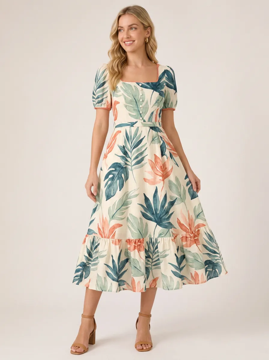 Women's Tropical Botanical Leaf Watercolor Printed Midi Dress