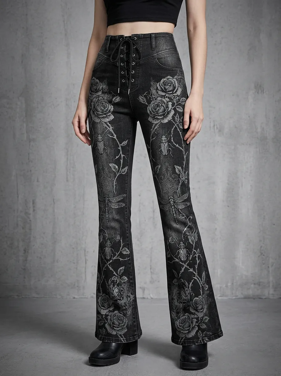 Alternative Rose Beetle Dragonfly Style Women's Gothic Flare Pants