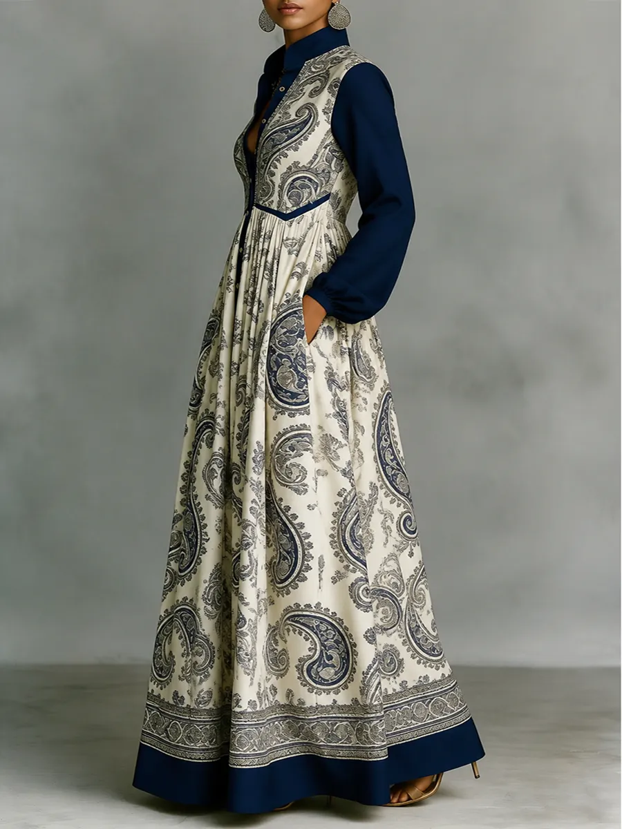 Pleated Printed Buttoned Maxi Dress