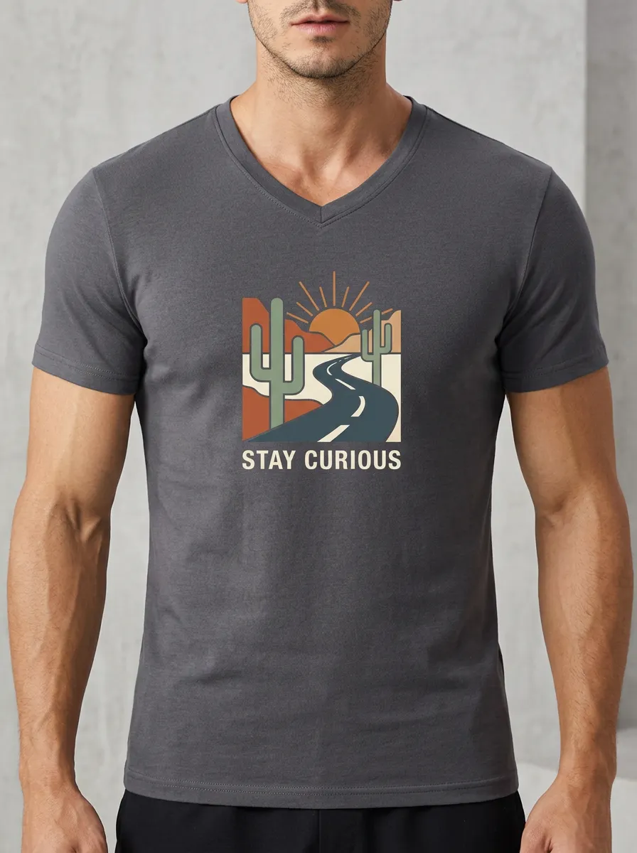 Men's Travel Adventure Stay Curious Cactus Desert Road Printed V-Neck T-Shirt
