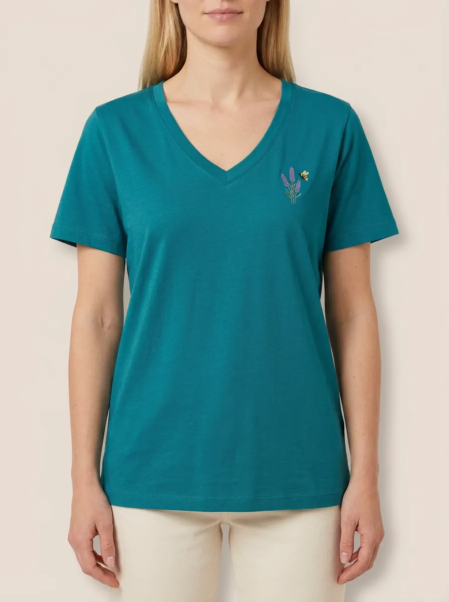 Women's Nature-Inspired Lavender & Bee Embroidered V-Neck T-Shirt