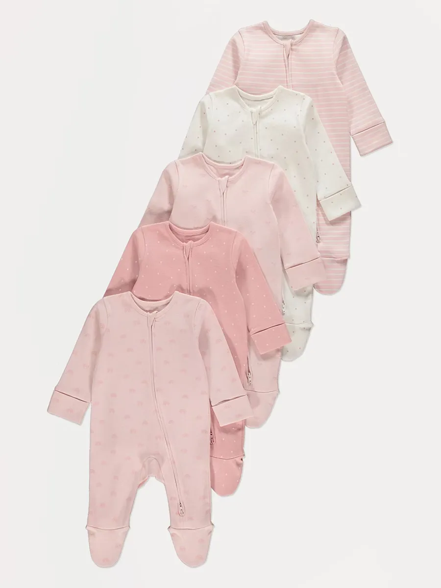 Pink Patterned Zip Fasten Sleepsuits 5 Pack