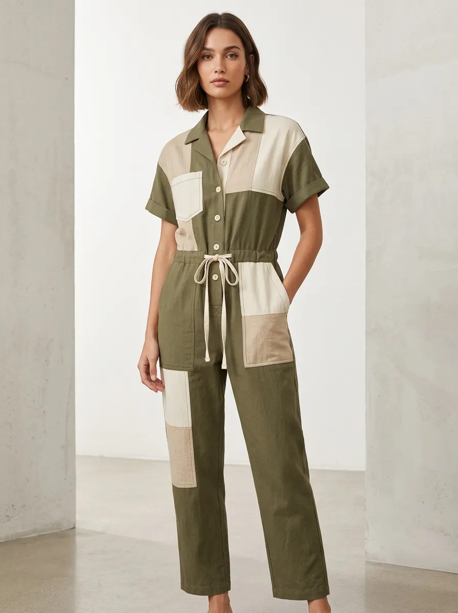 Women's Casual Style Olive Beige Patchwork Printed Jumpsuit