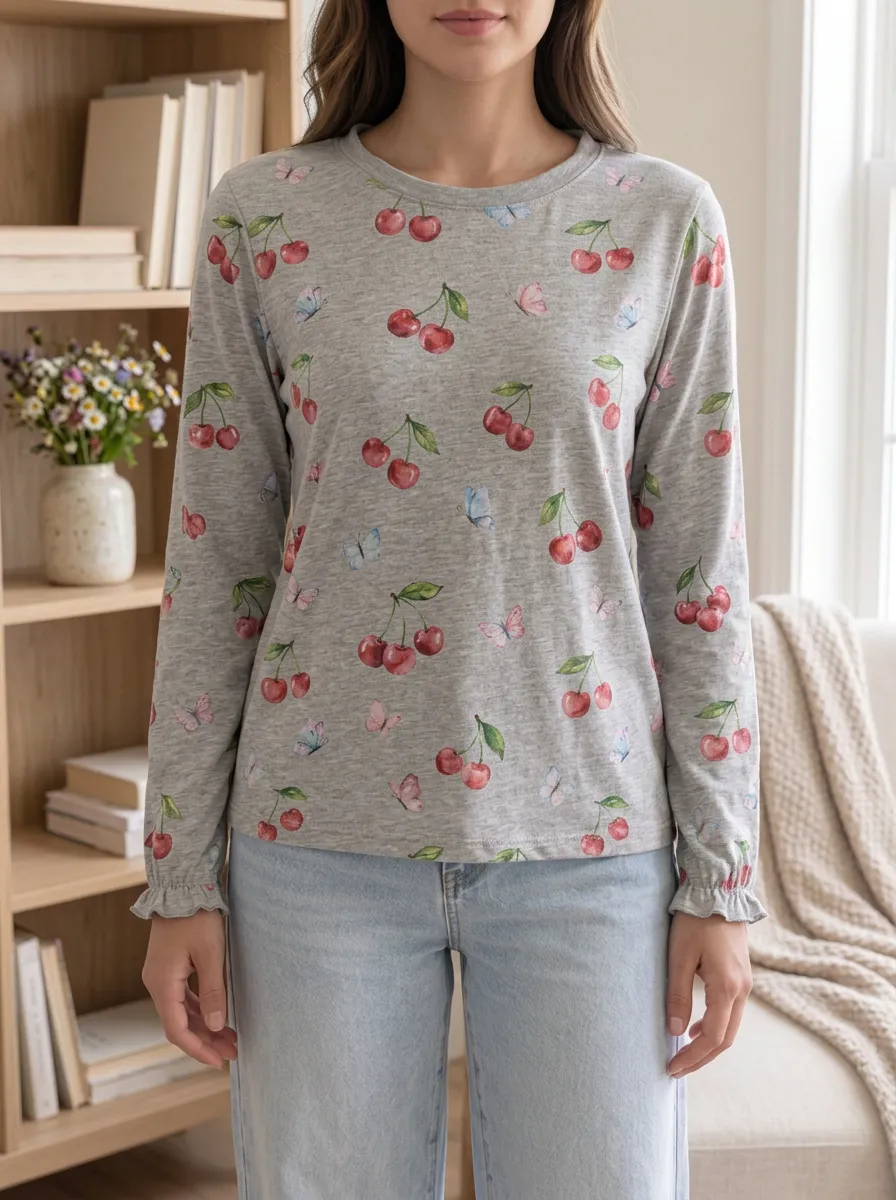 Women's Soft Everyday Sweet Style Cherry Butterfly Printed Long Sleeve T-shirt