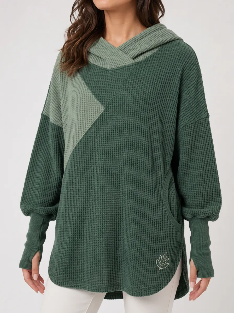 Women's Colorblock Waffle Knit Leaf Embroidered Hoodie Top