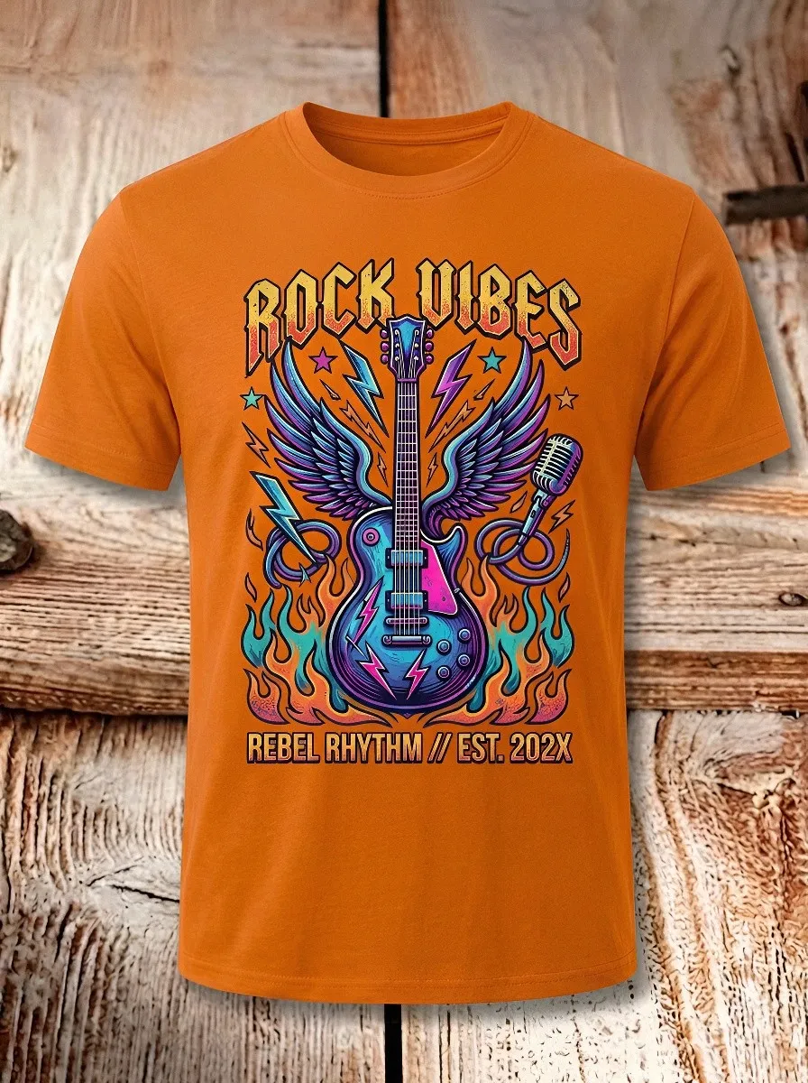 Unisex Rock Music Lover Winged Guitar Flame Printed T-shirt