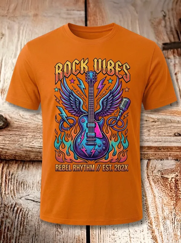 Unisex Rock Music Lover Winged Guitar Flame Printed T-shirt