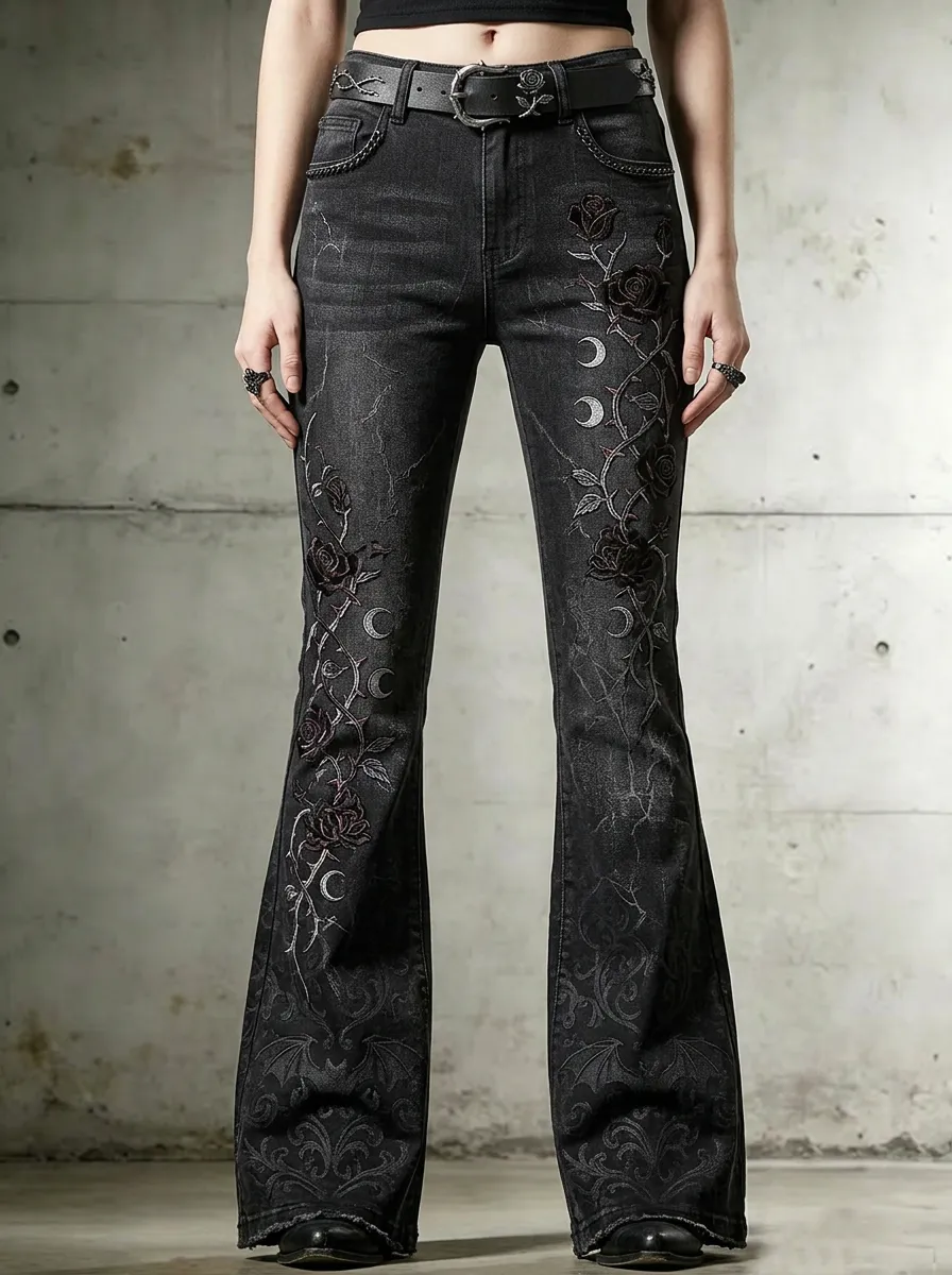 Dark Rose Moon Flare Darkwear Style Women's Gothic Flare Jeans