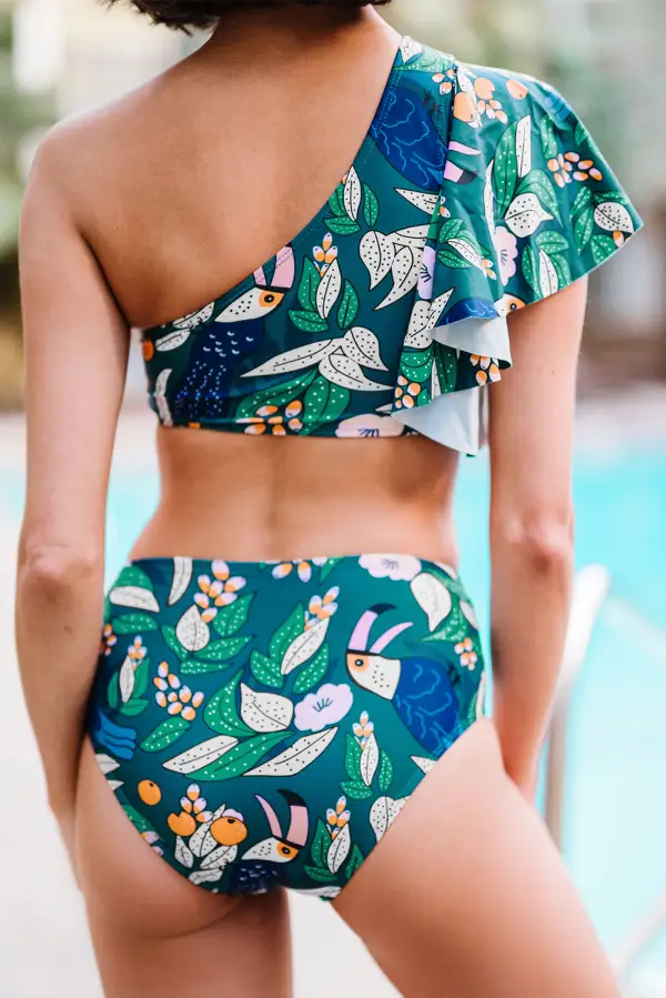 Swimwear Leaves Print Ruffled Single Shoulder High Waisted Swimsuit