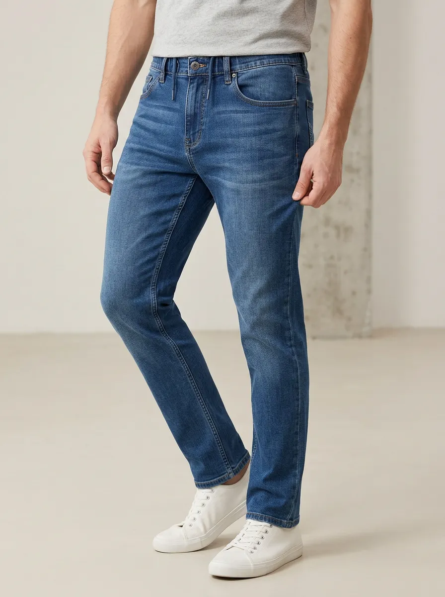 Men's Casual Daily Wear Blue Washed Stretch Denim Jeans