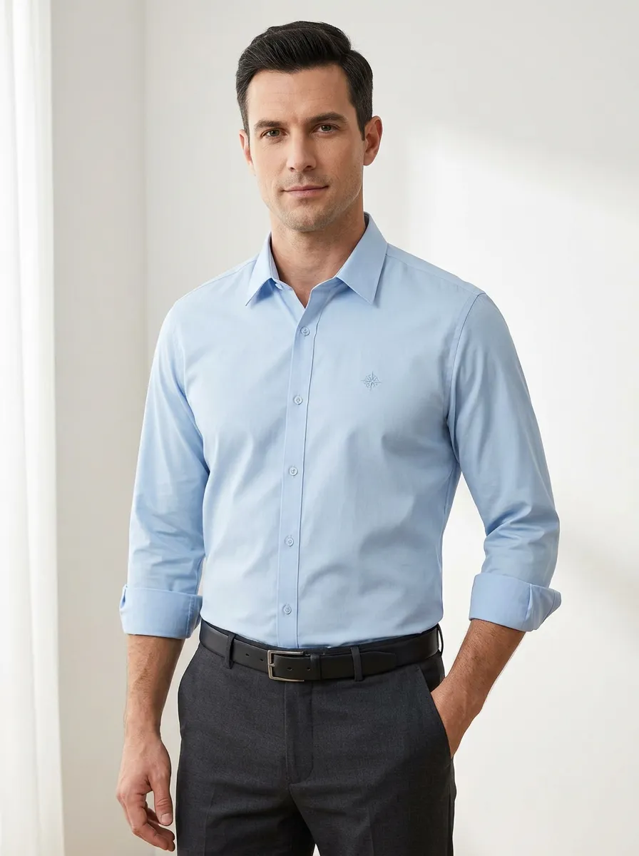 Men's Non-Iron Cotton Compass Embroidered Button-Down Shirt