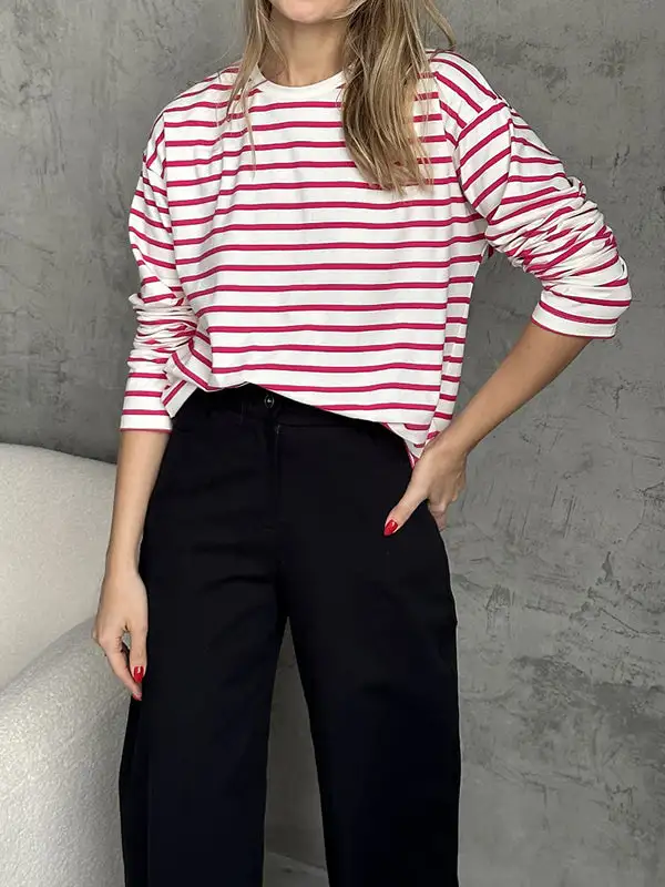 Long Sleeve Relaxed Stripe Round Neck T-Shirt