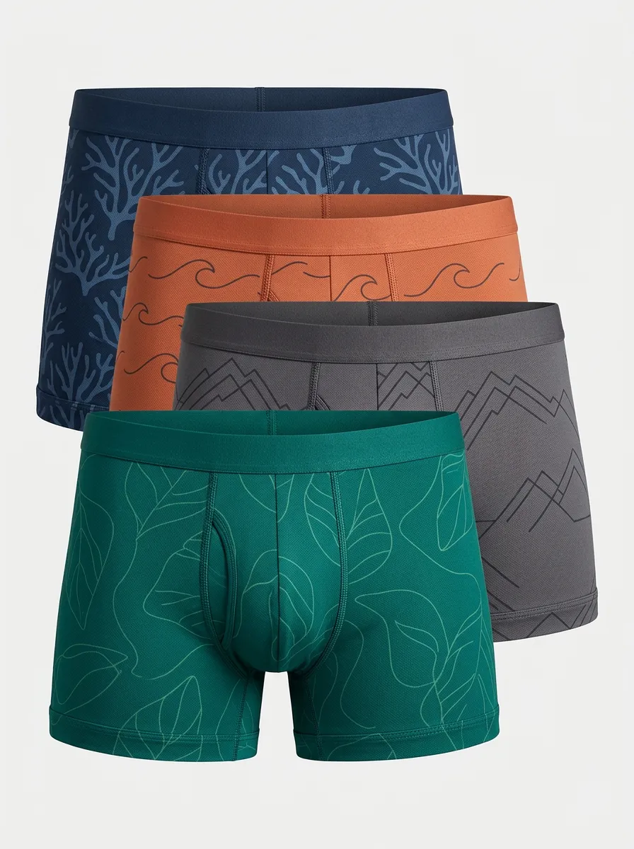 Streetwear Mountain Graphic Leaf Profile Men's Four Pack Boxer Briefs