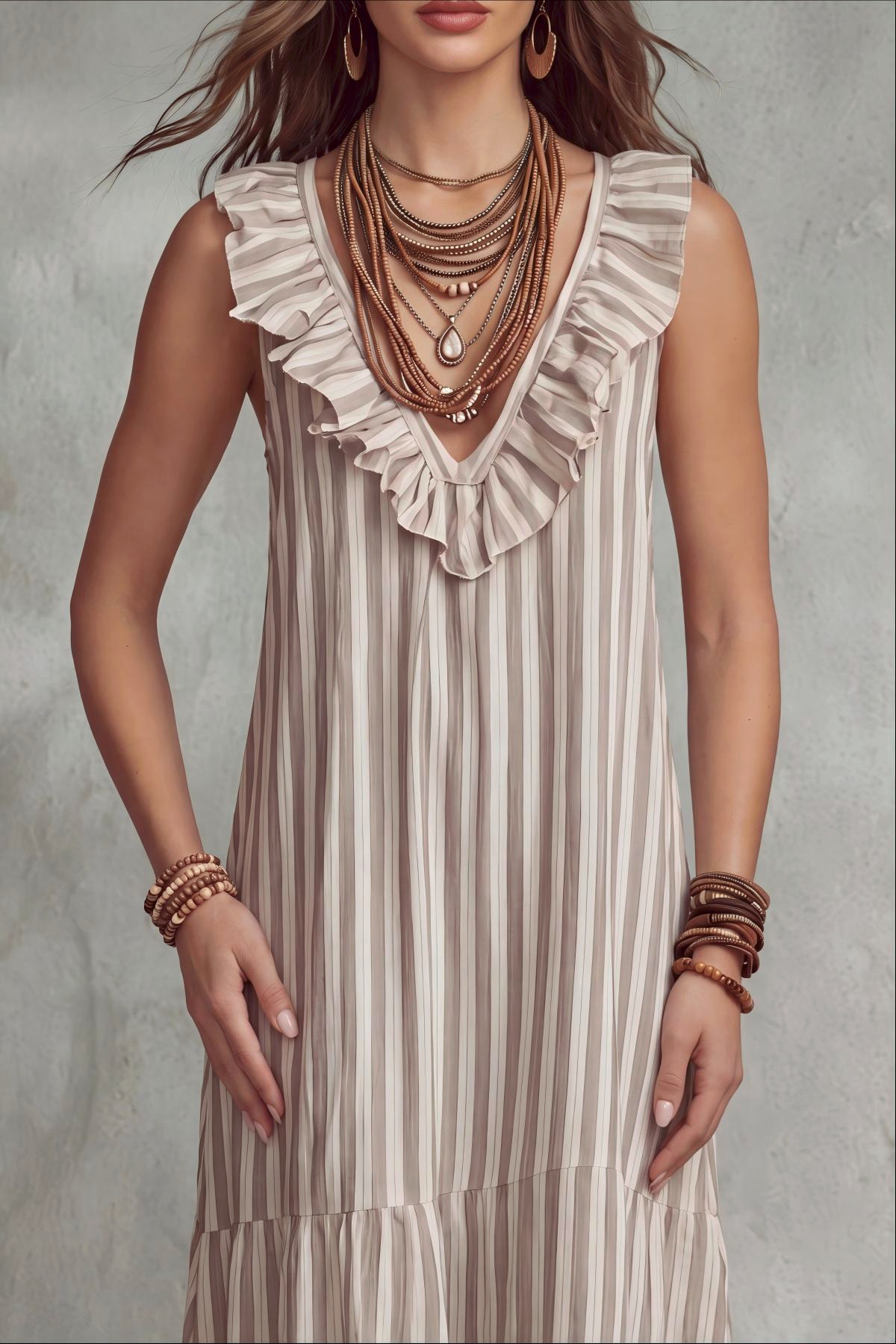 V Neck Ruffle Striped Maxi Dress