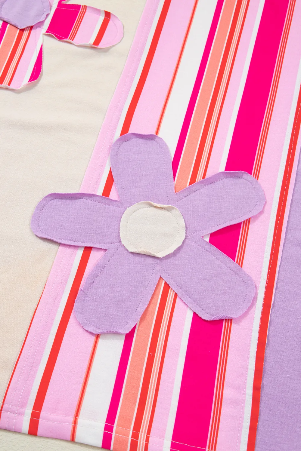 Pink Striped Block Flower Patched Top
