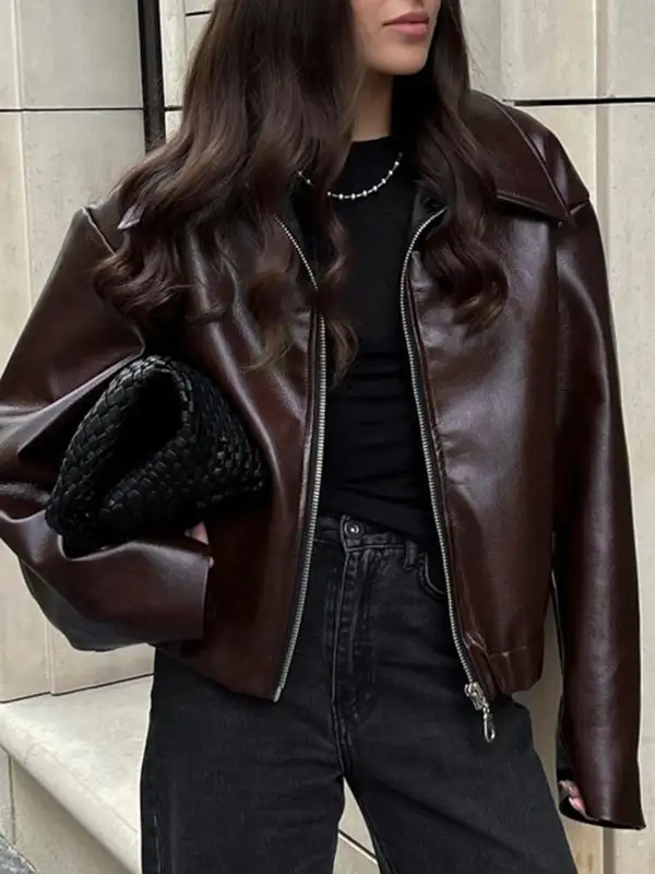 Faux Leather Zip Front Jacket Essential
