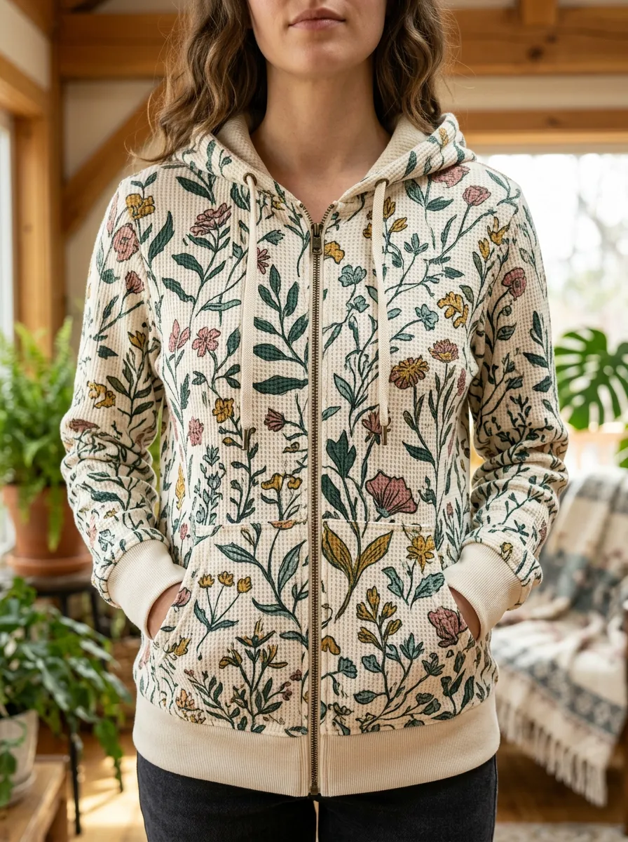 Women's Botanical Floral Signature Design Waffle Zip-Up Hoodie