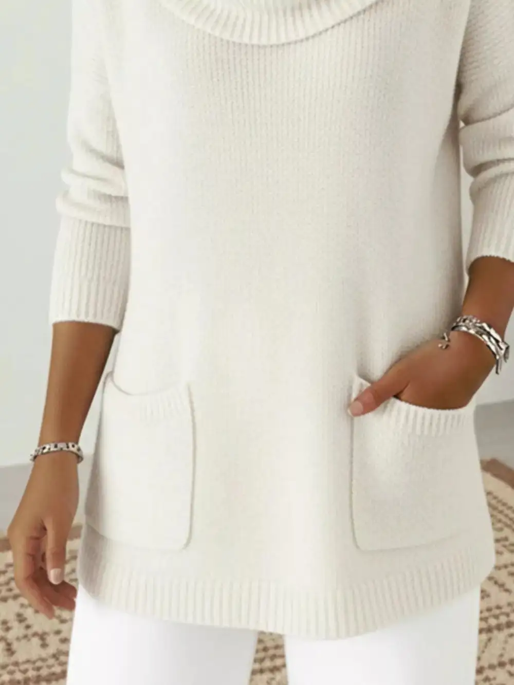Full Size Cowl Neck Long Sleeve Sweater with Pockes Plus Size