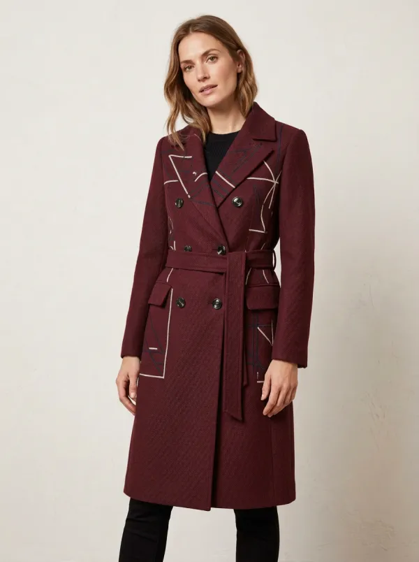 Women's Geometric Pattern Gray Wool Blend Coat