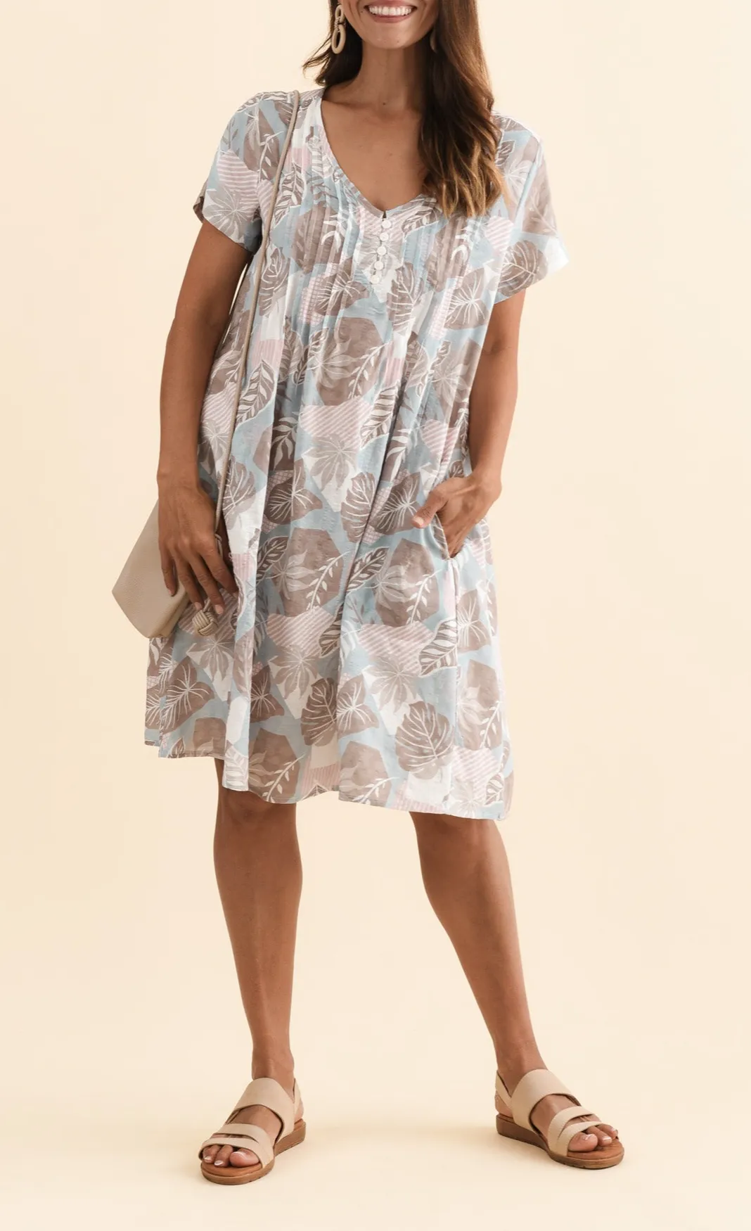 Above-Knee Floral Cotton Button-Front Pleated V-Neck Short-Sleeve Dress