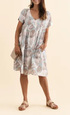 Above-Knee Floral Cotton Button-Front Pleated V-Neck Short-Sleeve Dress