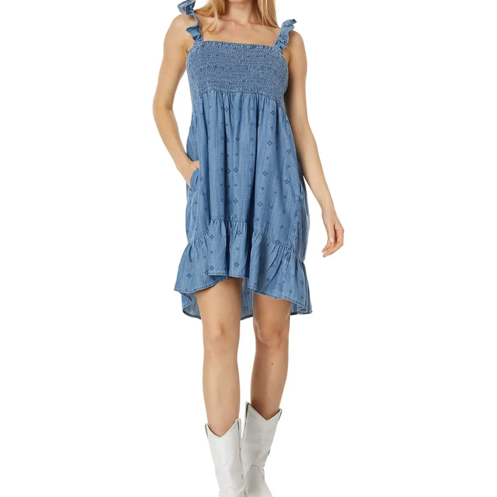 Denim Paisley Print Ruffle Detail Casual Dress