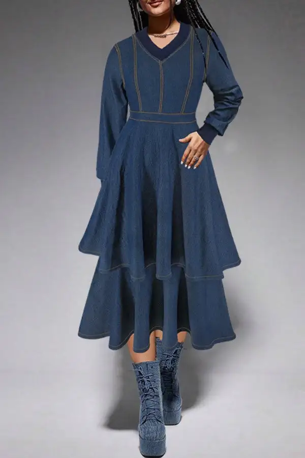 Contrast-Stitch Denim V-Neck Tiered Midi Dress