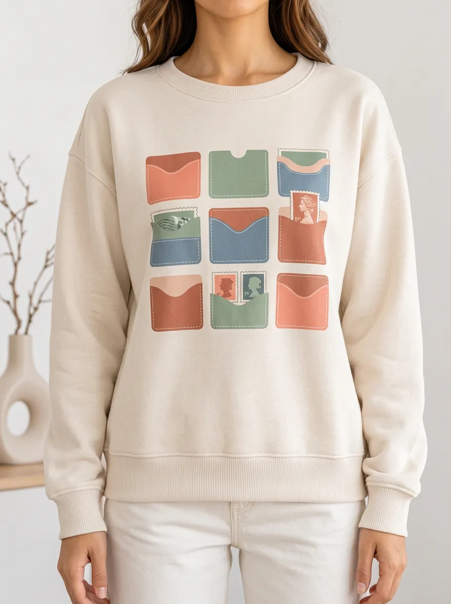 Women's Casual Hoodie Featuring Vintage Stamp Pocket Motif