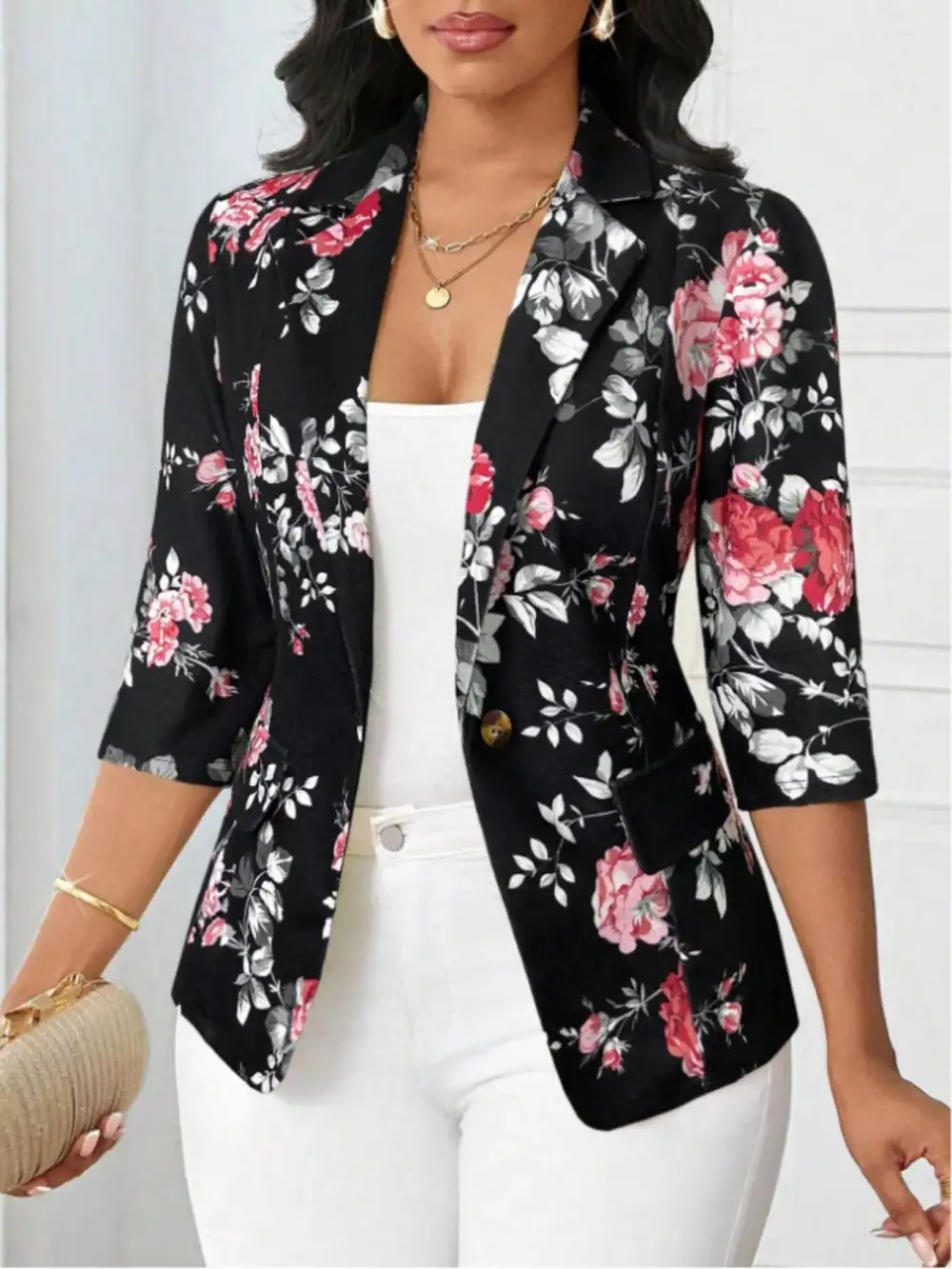 Single-Button Floral-Print Blazer