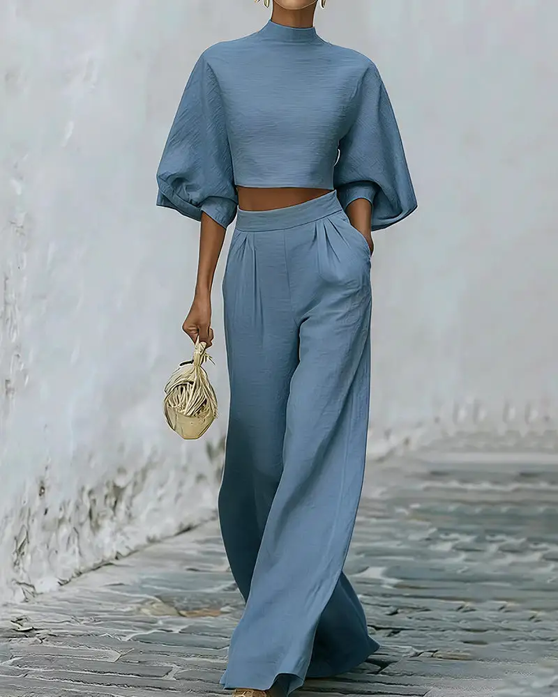 Textured Two-Piece Set Puff Sleeve Crop Top and Wide Leg Pants
