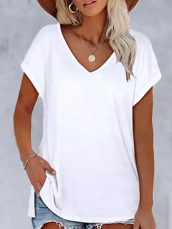 V-neck Casual Loose Solid Color Short-sleeved T-shirt