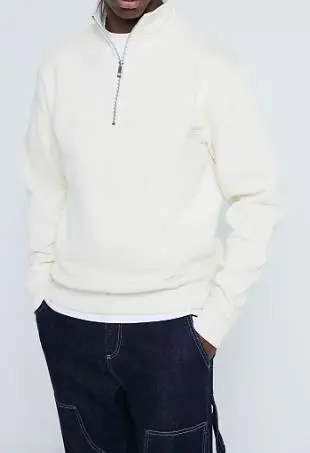 Men's Cream Regular Fit Zip Neck Top